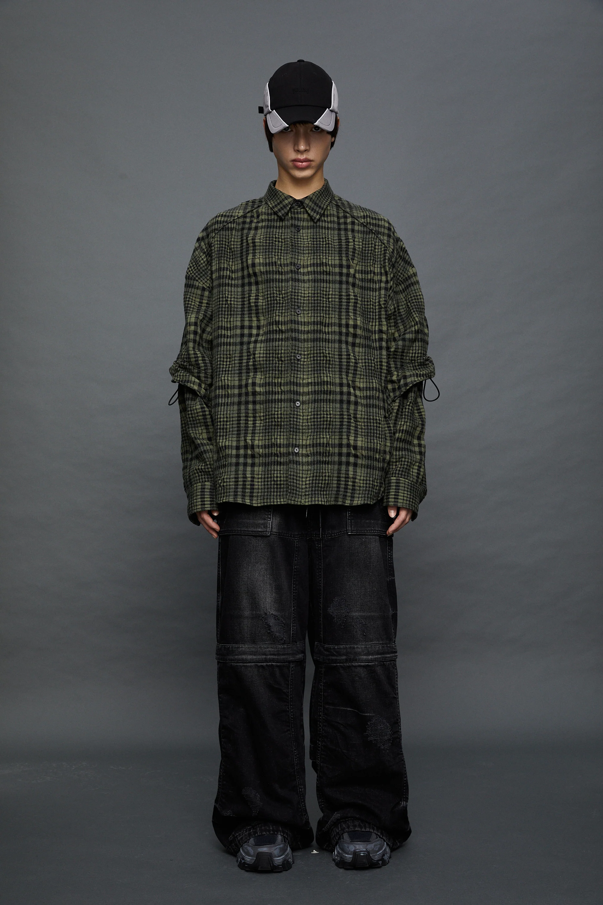 Juun.J Dual Sleeve Crinkled Checkered Shirt - Khaki - Image 2