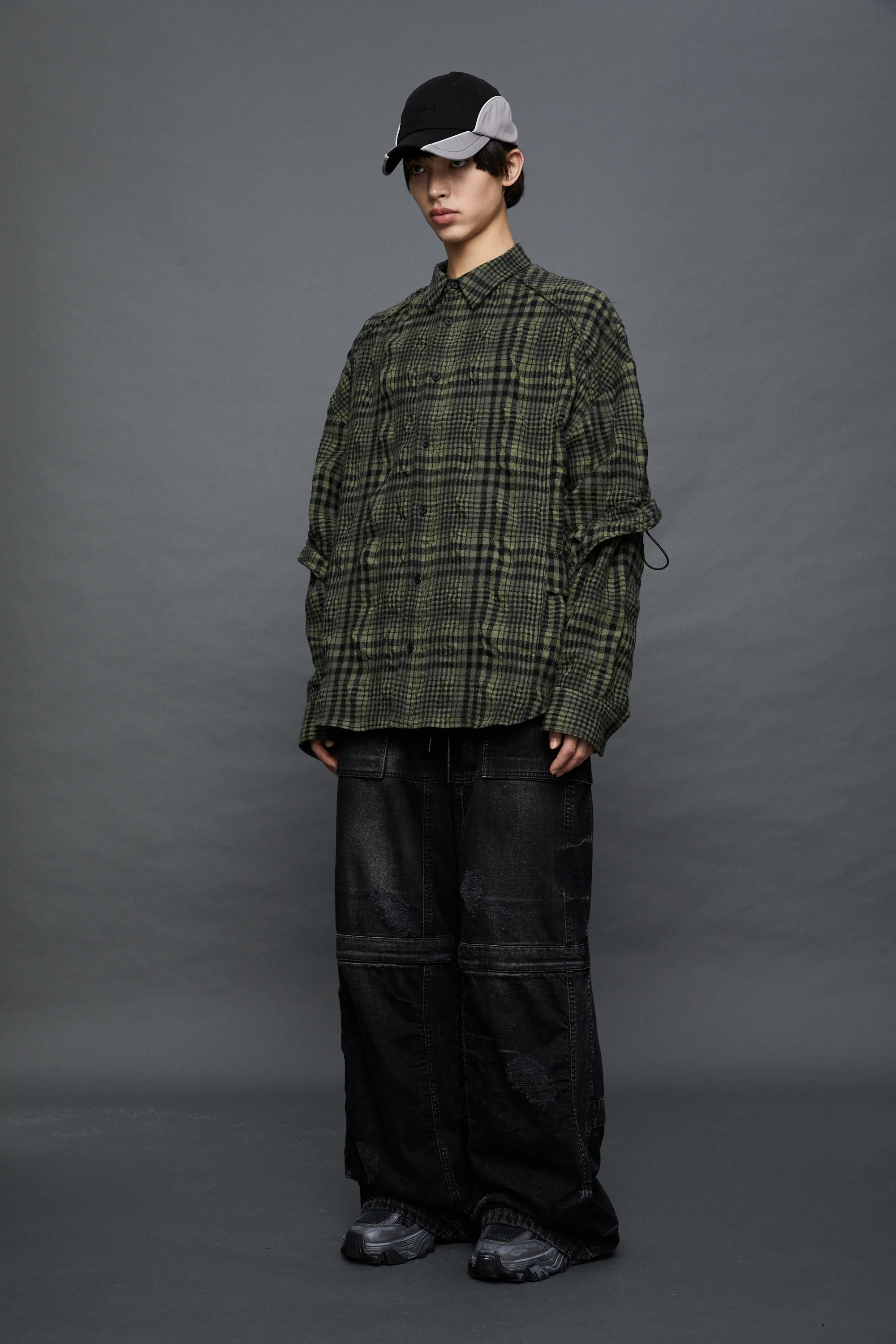 Juun.J Dual Sleeve Crinkled Checkered Shirt - Khaki - Image 3