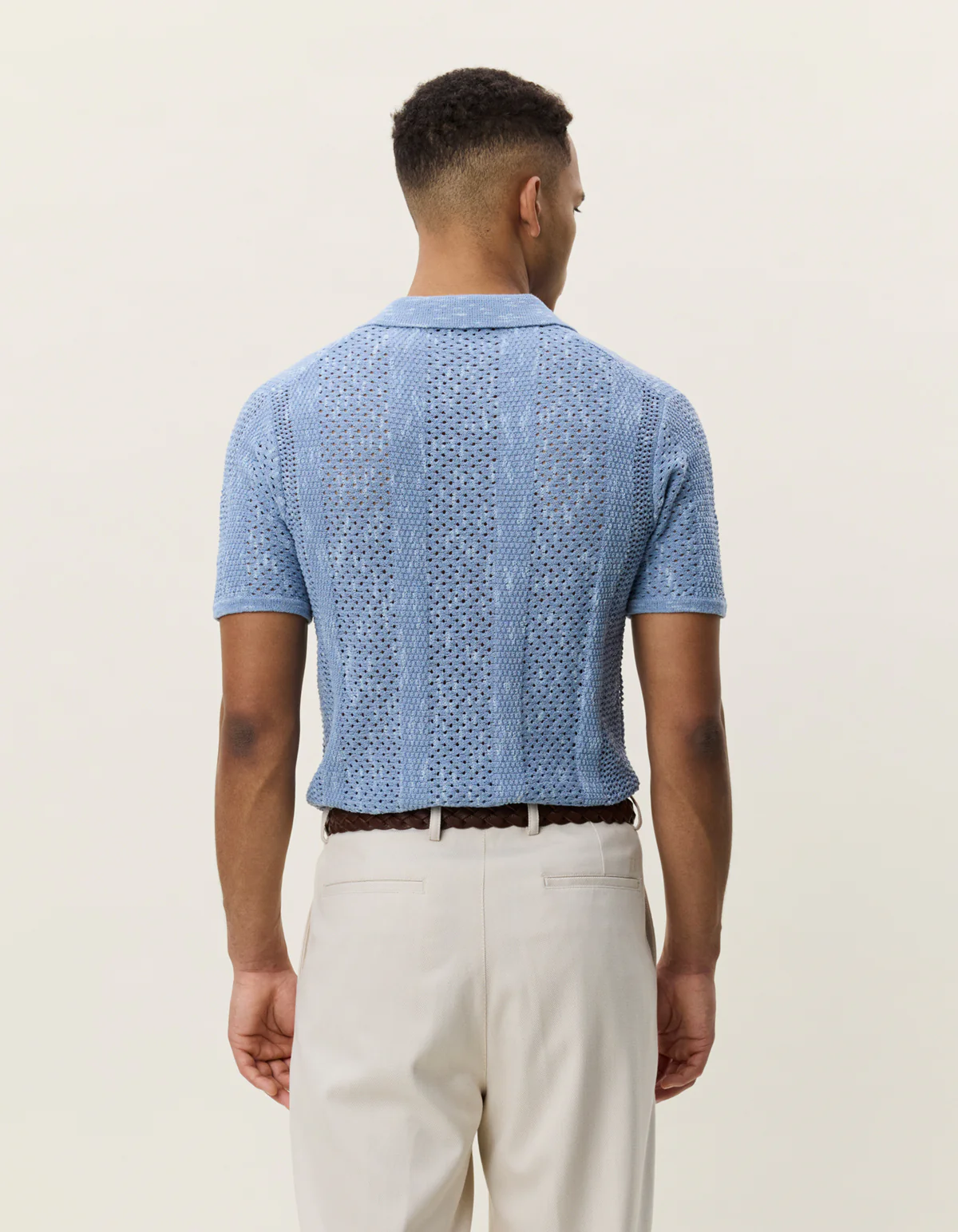 Les Deux Striped Lace Knitted Polo - Faded Denim Blue - Image 2