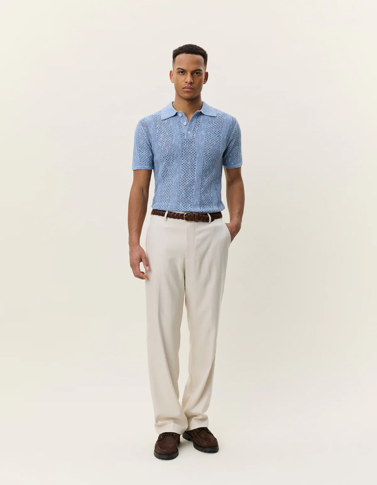 Les Deux Striped Lace Knitted Polo - Faded Denim Blue - Image 3