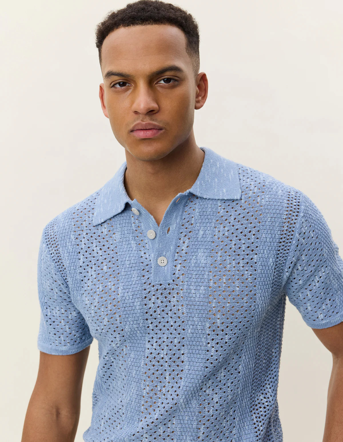 Les Deux Striped Lace Knitted Polo - Faded Denim Blue - Image 4