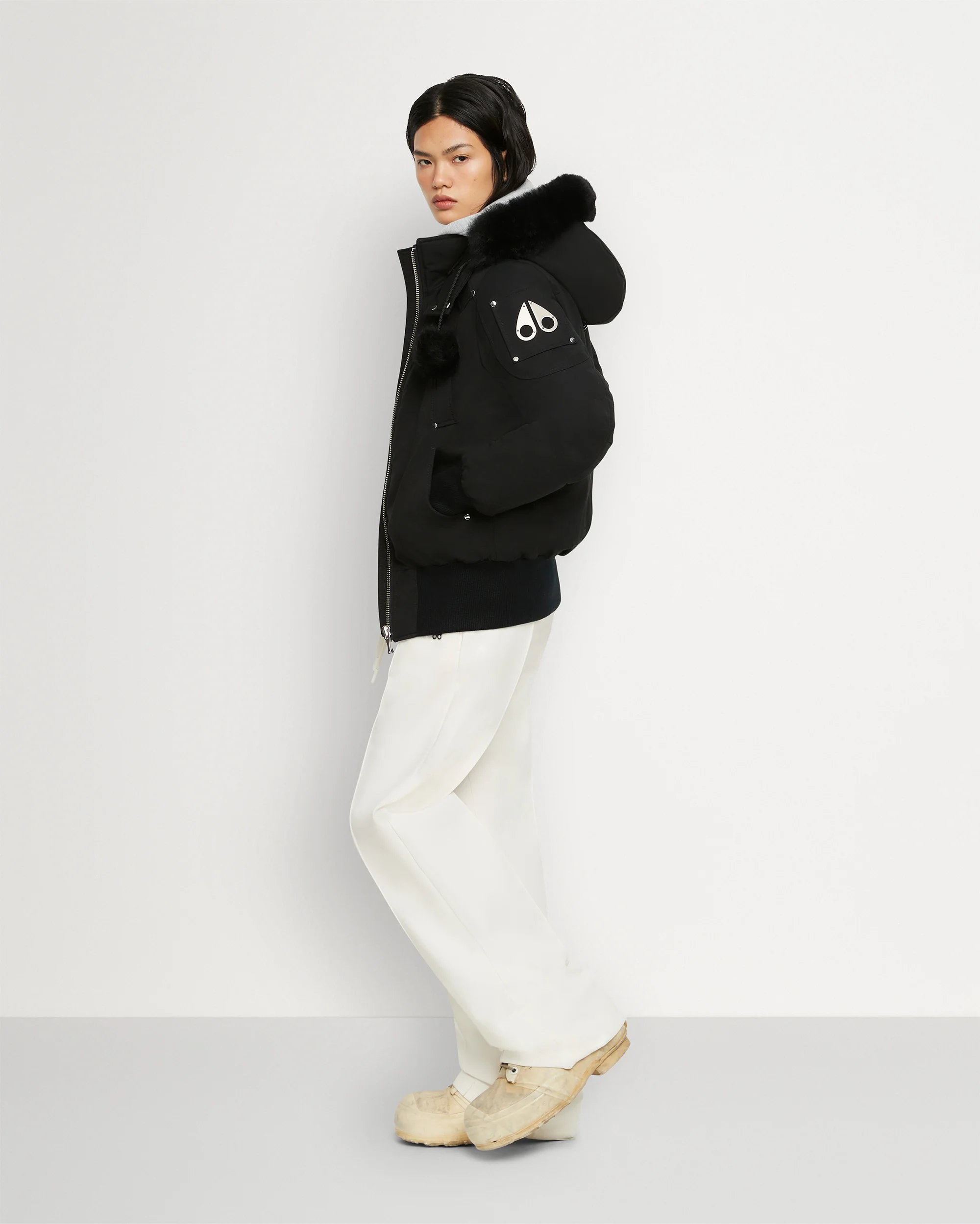 Moose Knuckles Womens Down Bomber Debbie Shearling - Black/Black - Image 3