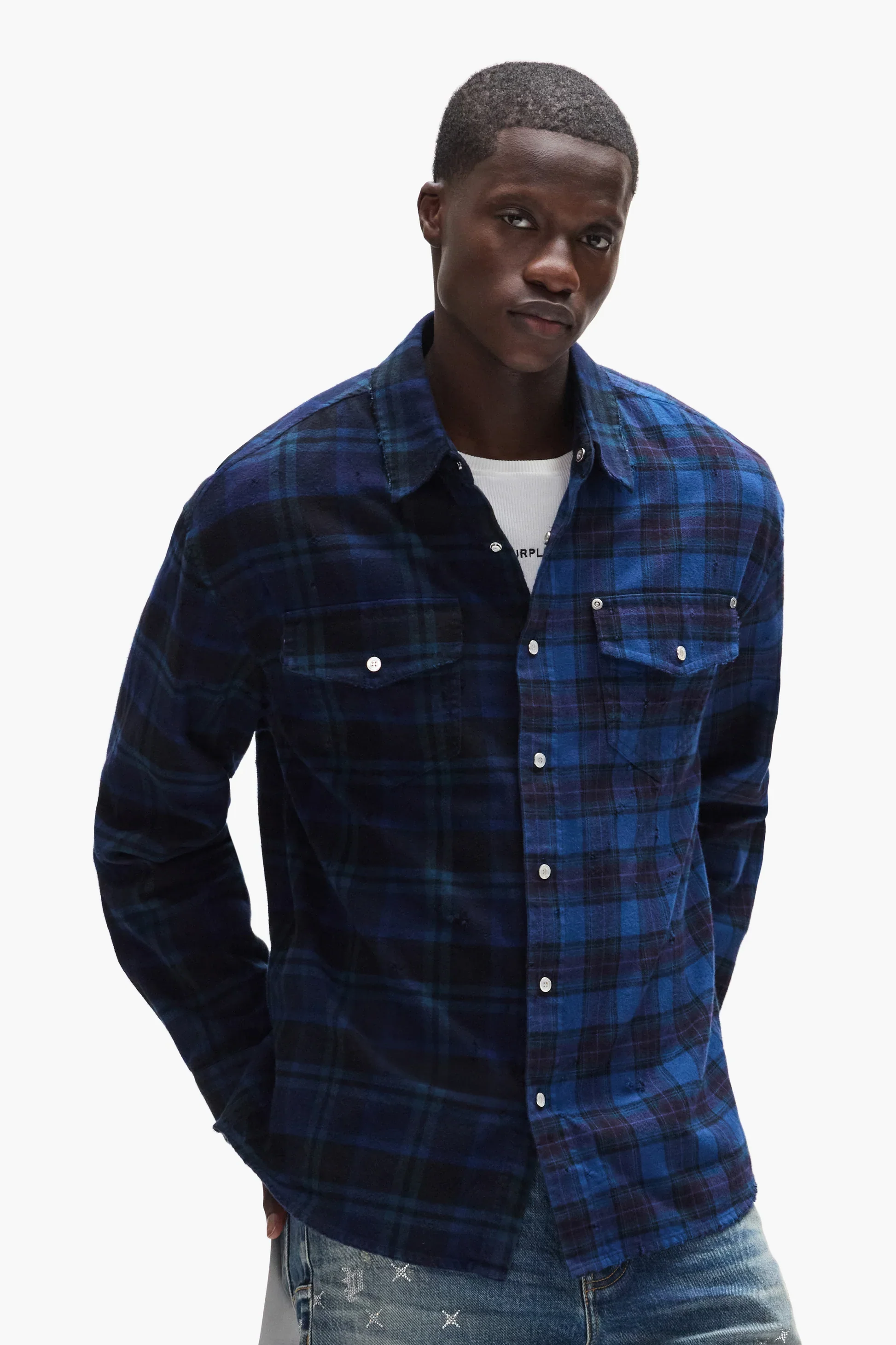 Purple Brand Half and Half Flannel Shirt - Blue - Image 4