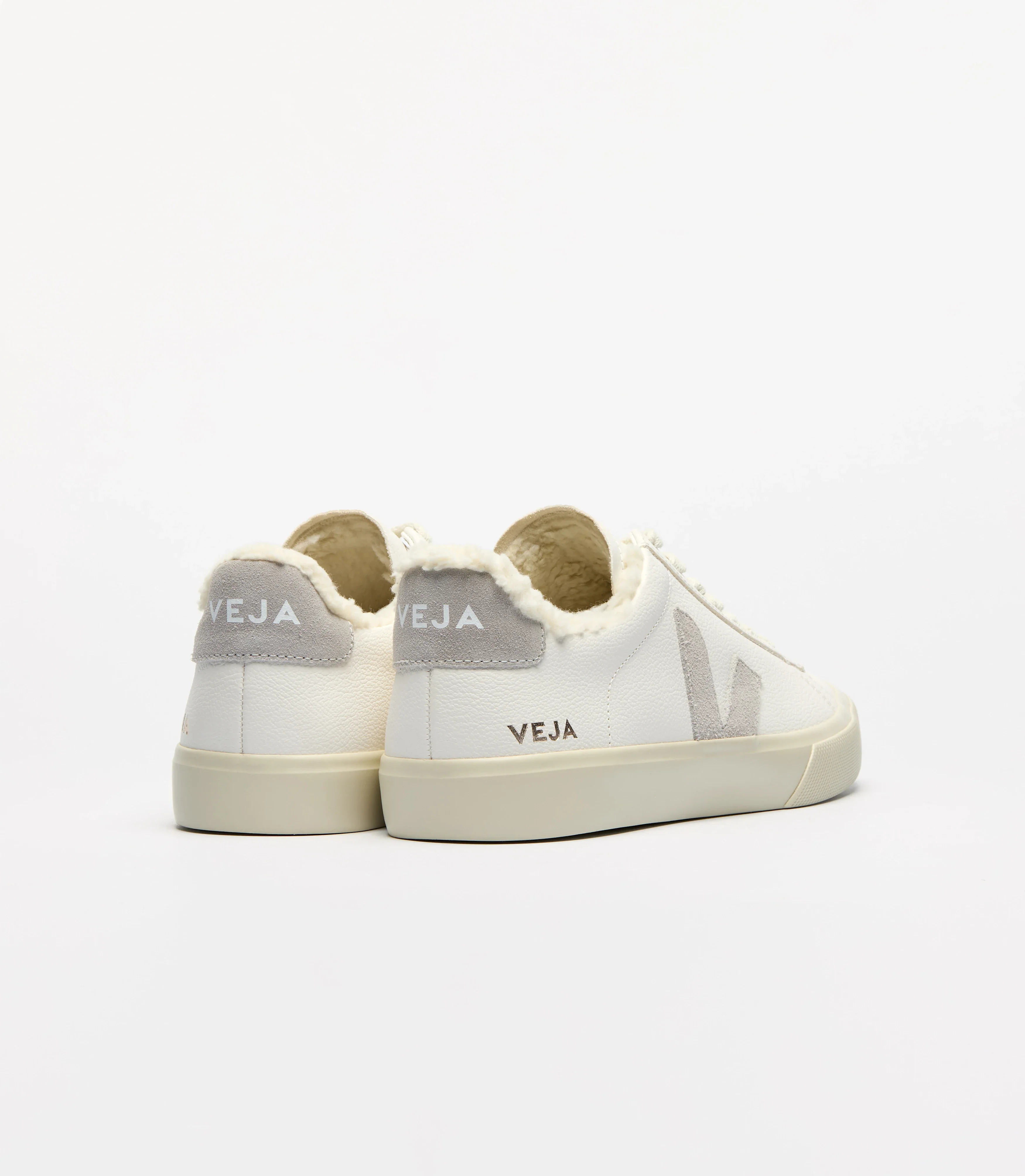 Veja Womens Campo Furred Leather Sneakers - White/Light Grey - Image 3