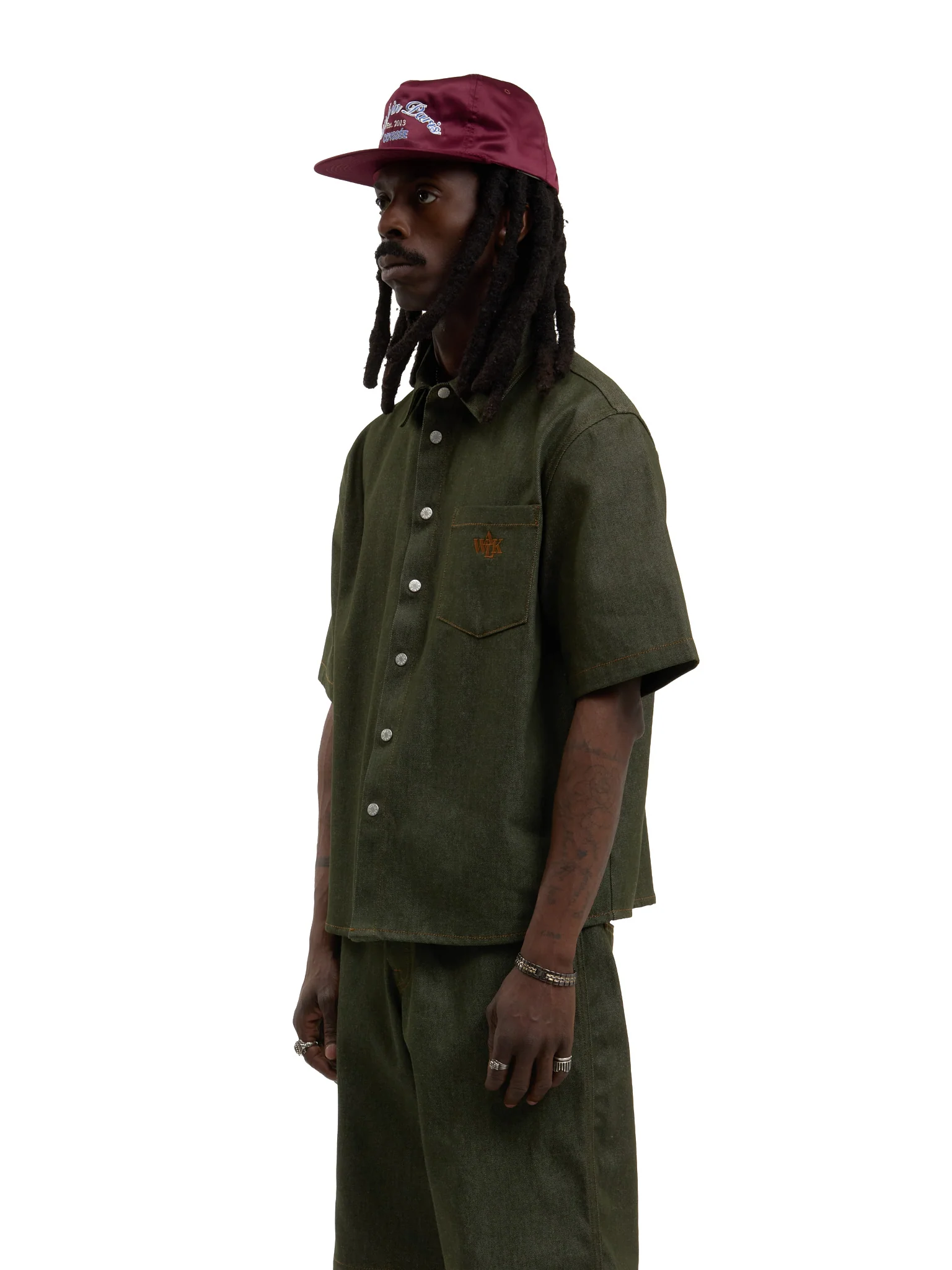 Walk in Paris Short Sleeve Raw Denim Shirt - Green - Image 2