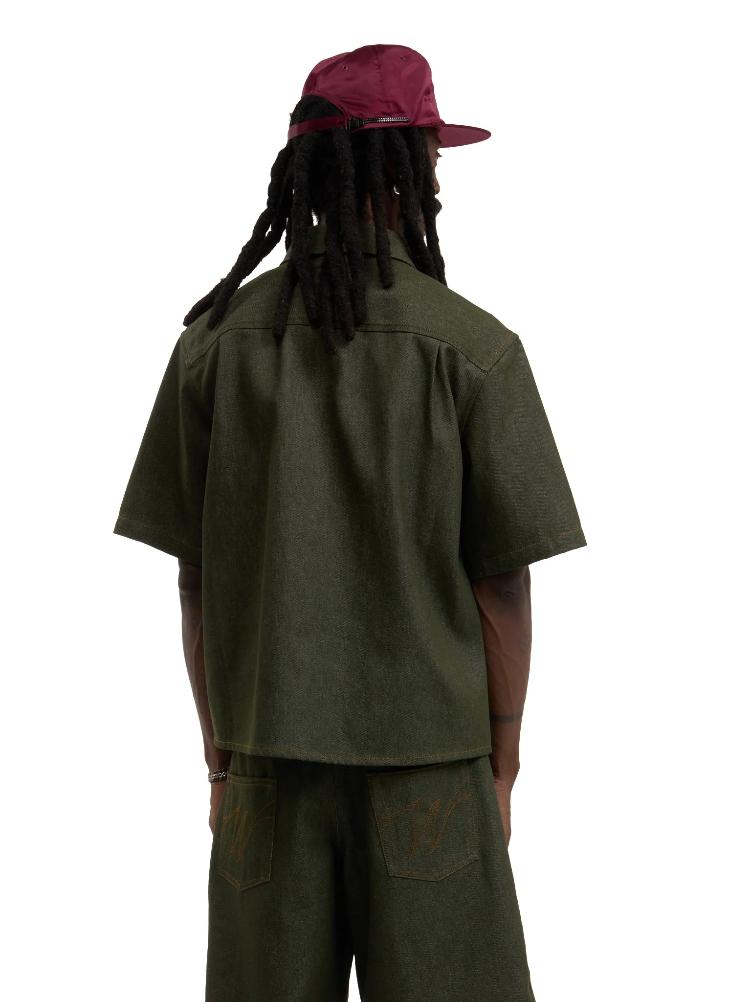 Walk in Paris Short Sleeve Raw Denim Shirt - Green - Image 3